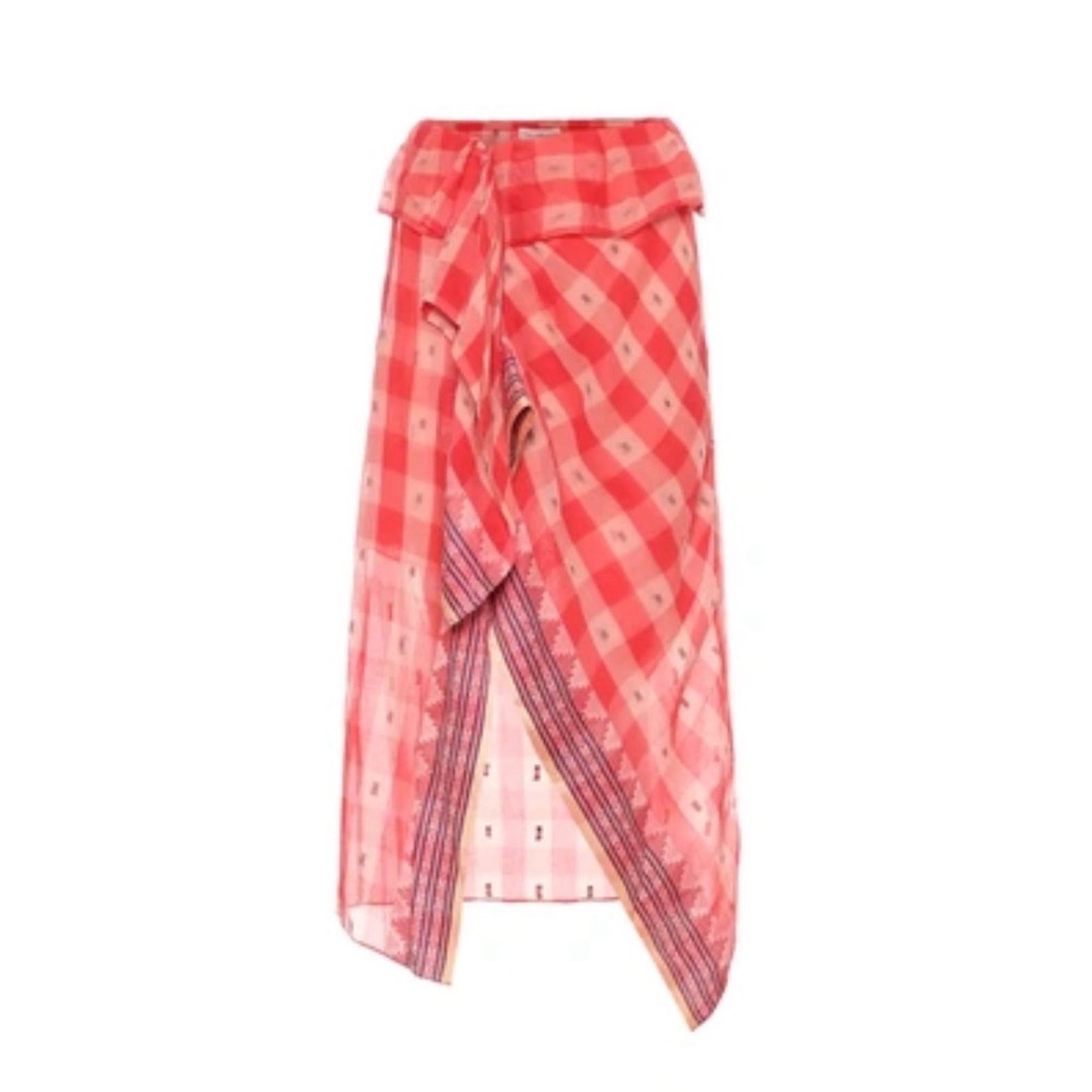 Ulla Johnson Coral Red Checked Wrap Midi Skirt